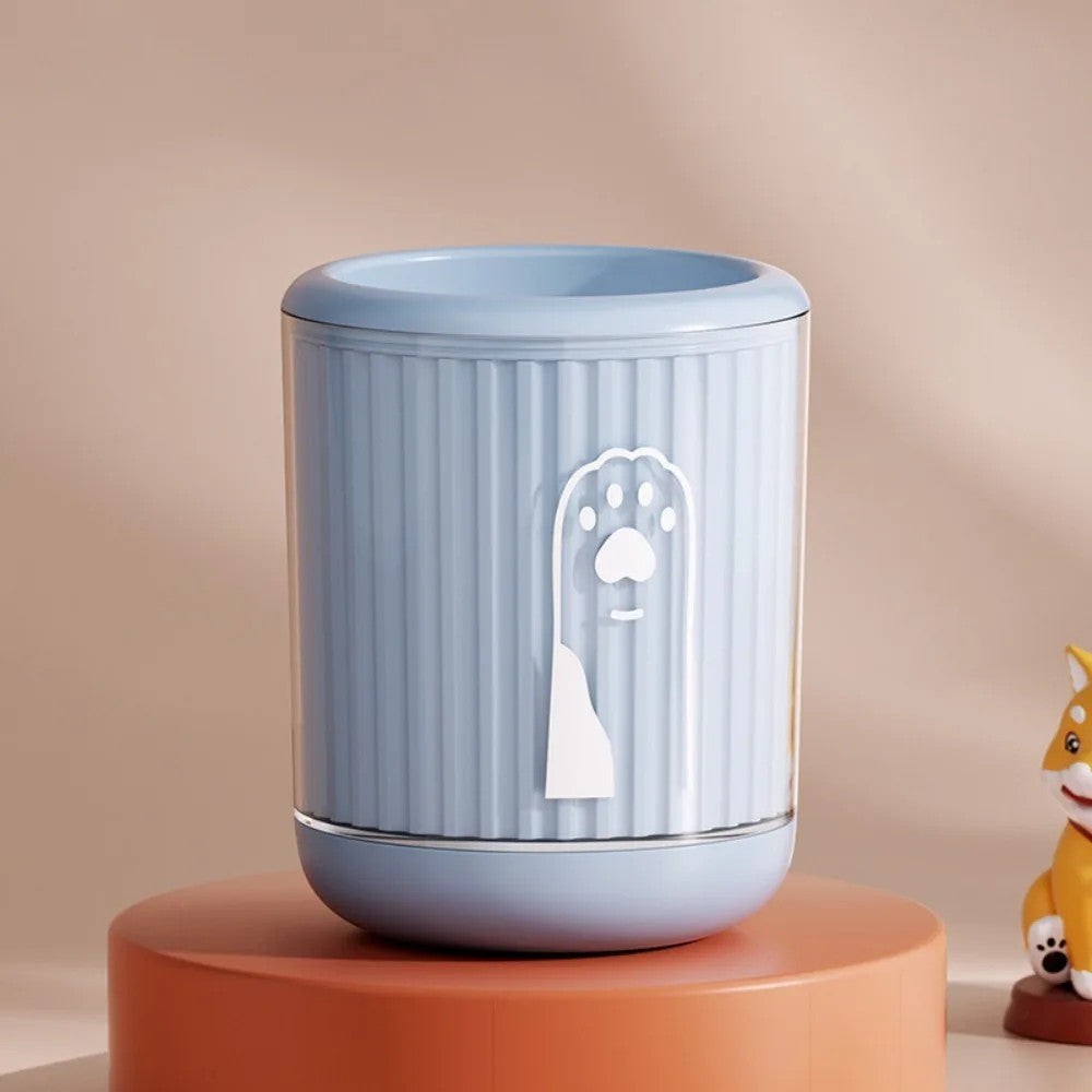 Soralab blue silicone dog paw cleaner cup with ribbed texture and a white paw print design.