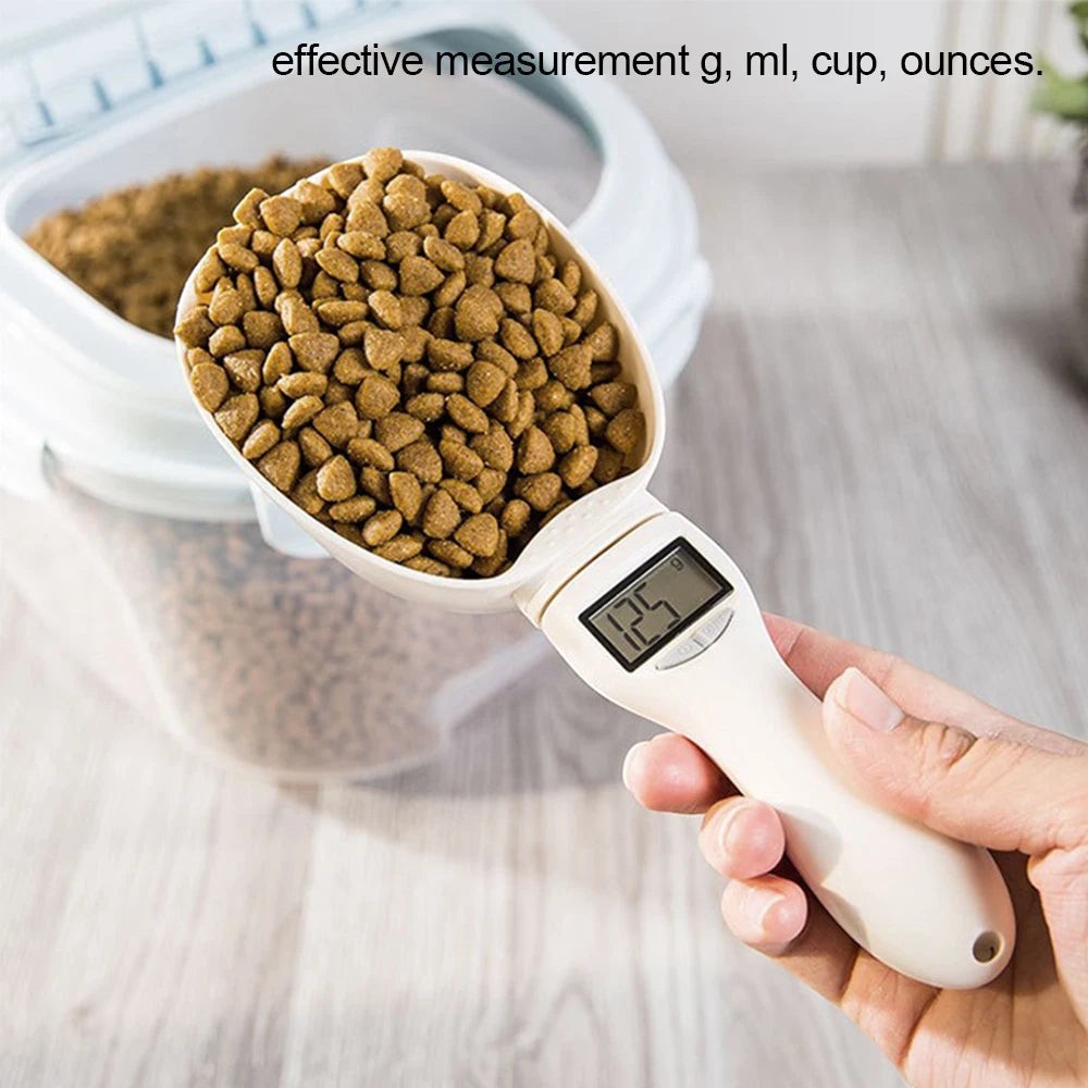 Soralab Smart Measure digital pet food scoop, white ABS plastic, with LED display showing 125g of kibble.