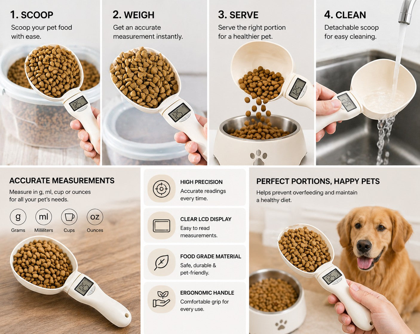 Soralab Smart Measure digital pet food scoop in white, with LED display showing 125g. Ideal for precise pet feeding.