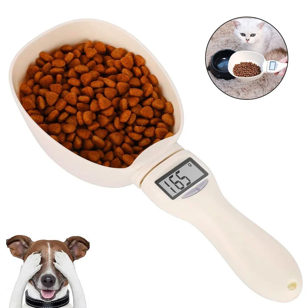 Soralab Smart Measure digital pet food scoop in cream plastic with LED display showing 165g, filled with kibble.