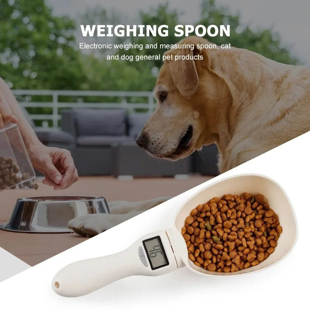 Soralab Smart Measure digital pet food scoop with LED display, white ABS plastic, measures up to 800g.