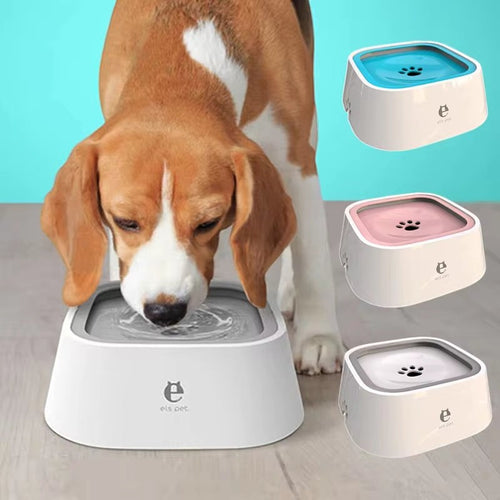 Soralab white no-spill pet water bowl with floating design, shown with a beagle drinking from it. Available in blue, pink, and grey.