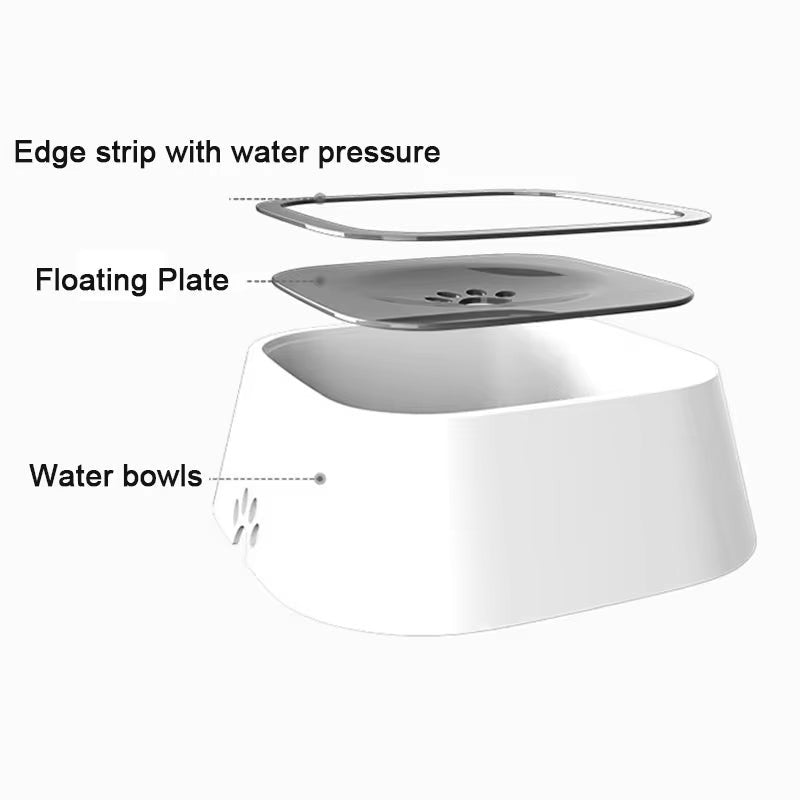 Soralab white pet water bowl with floating plate and edge strip, showing anti-spill design.