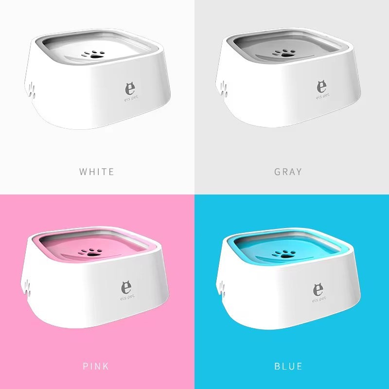 Soralab white pet water bowl with a floating blue insert and paw print design, no-spill floating design.