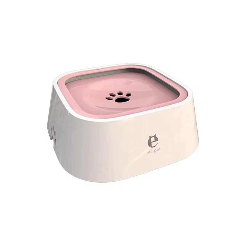 Soralab pink and white no-spill pet water bowl with floating design and paw print detail.