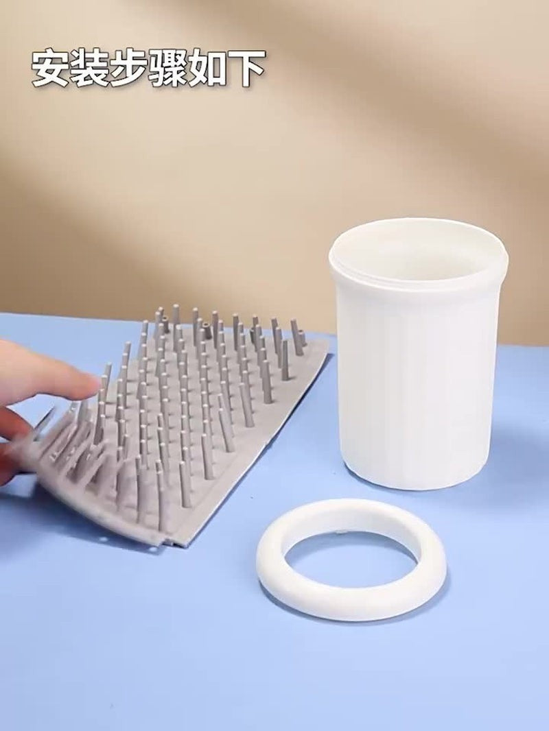 Soralab PawClean Pro silicone dog paw cleaner cup with soft bristles and a white ring, shown disassembled.