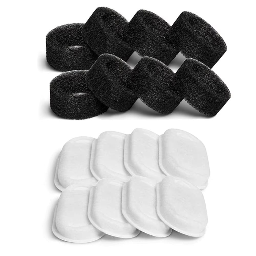 Soralab pet water fountain replacement filters: black foam pre-filters and white activated carbon filters.