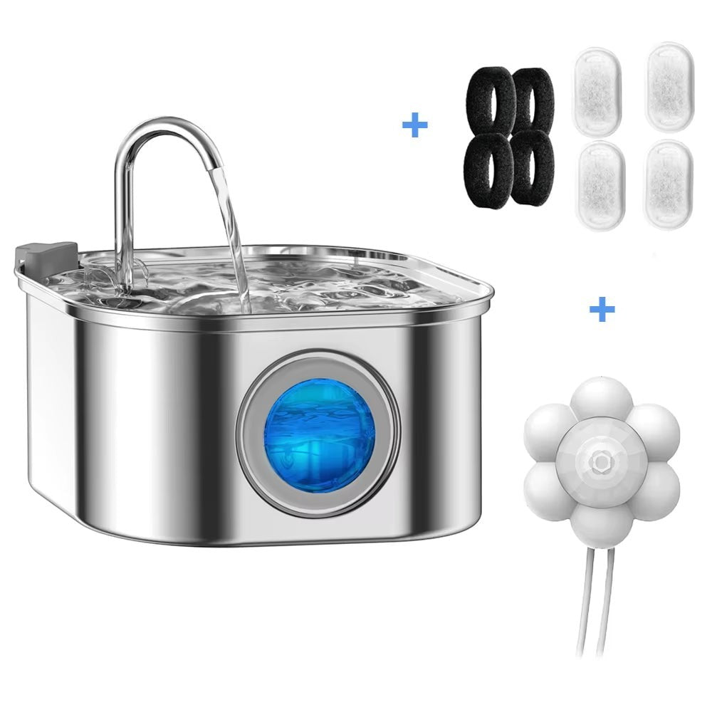 Soralab Flow Fresh 3.2L stainless steel pet water fountain with blue LED indicator and multiple filters. Includes flower-shaped water dispenser.