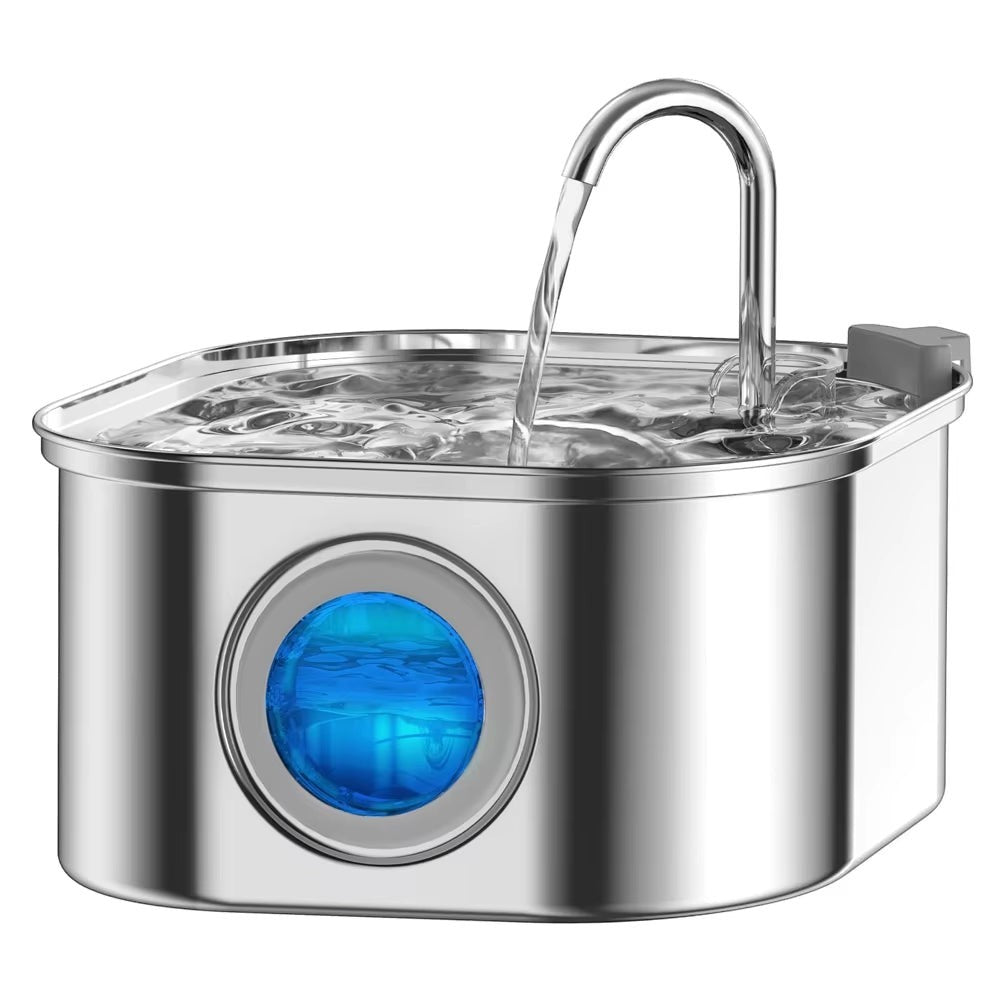 Soralab Flow Fresh 3.2L stainless steel pet water fountain with a curved spout and blue water level indicator.