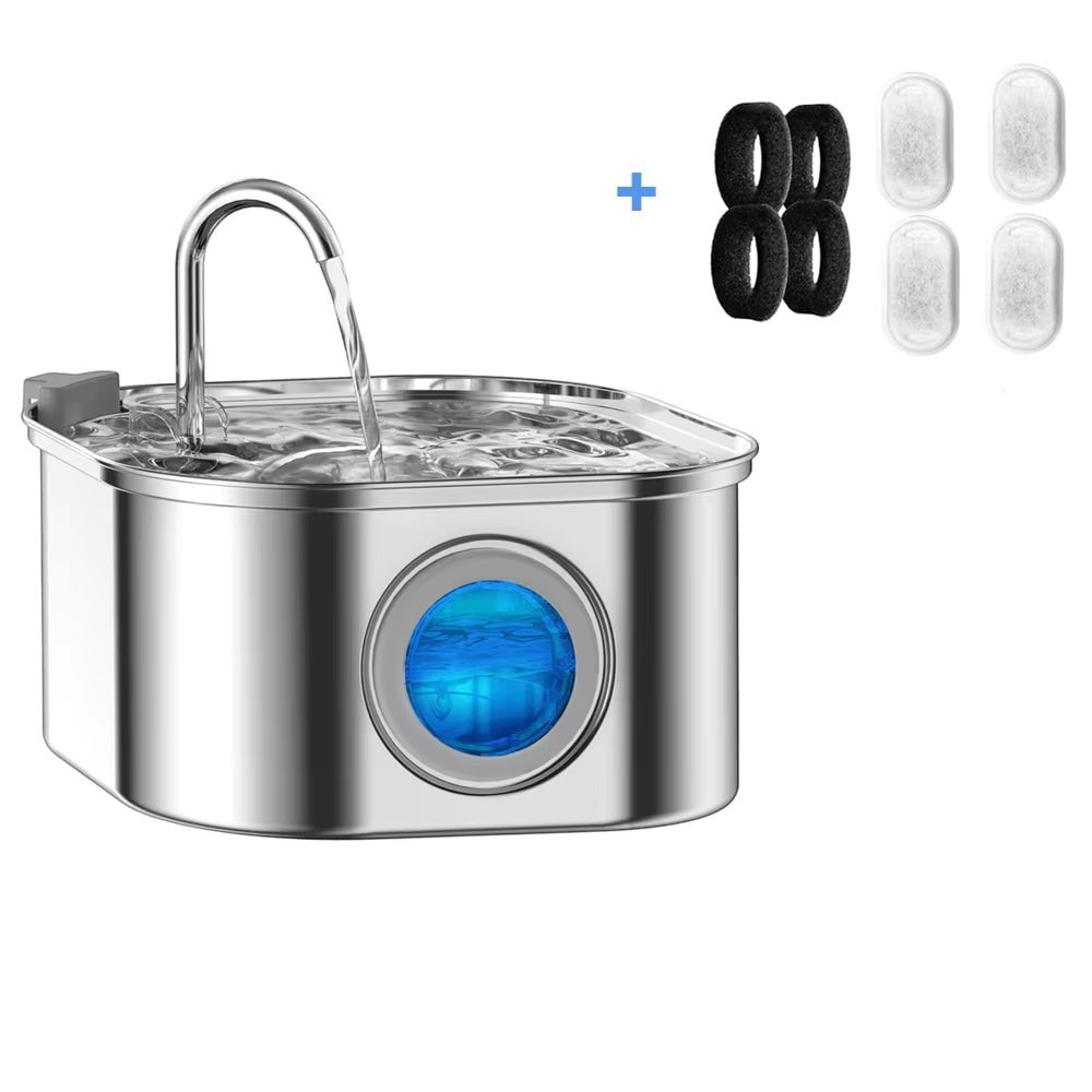 Soralab Flow Fresh 3.2L stainless steel pet water fountain with blue LED indicator and includes 4 foam filters and 4 carbon filters.